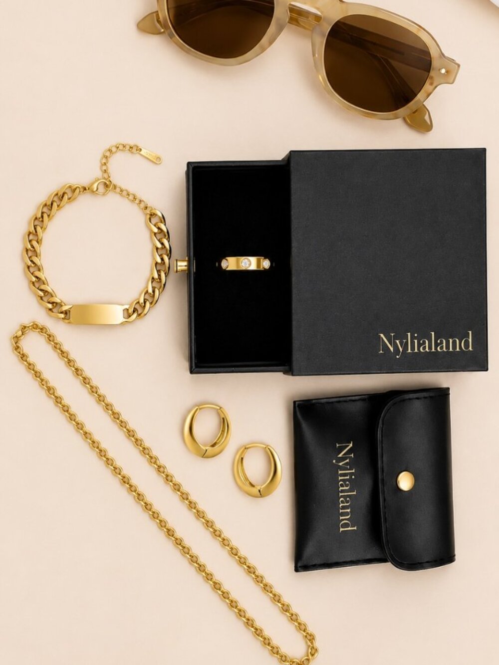 Nylialand Luxury Gold Jewelry & Tortoise Sunglasses Gift Set Bundle